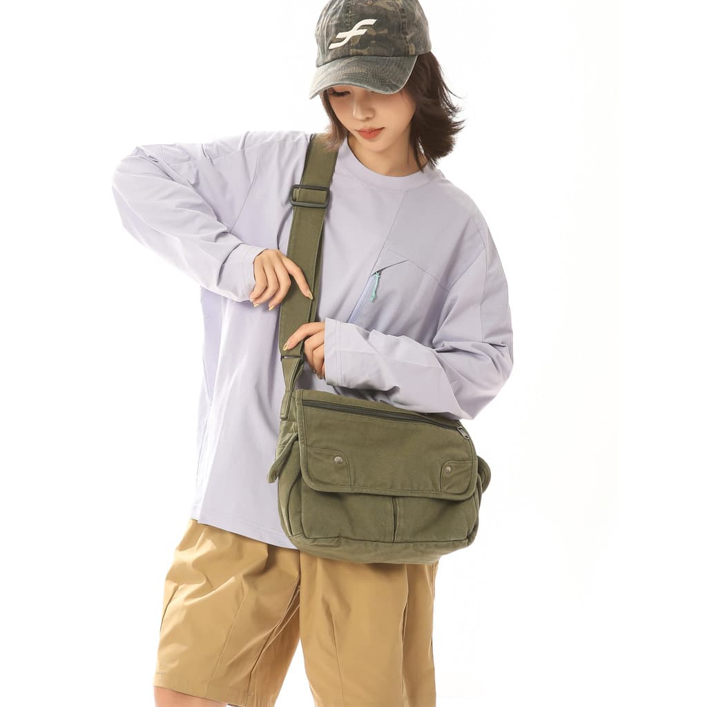 Retro estilo Hong Kong lavado bolsa de lona feminina Casual Commuter ombro saco do mensageiro masculino cor sólida estil