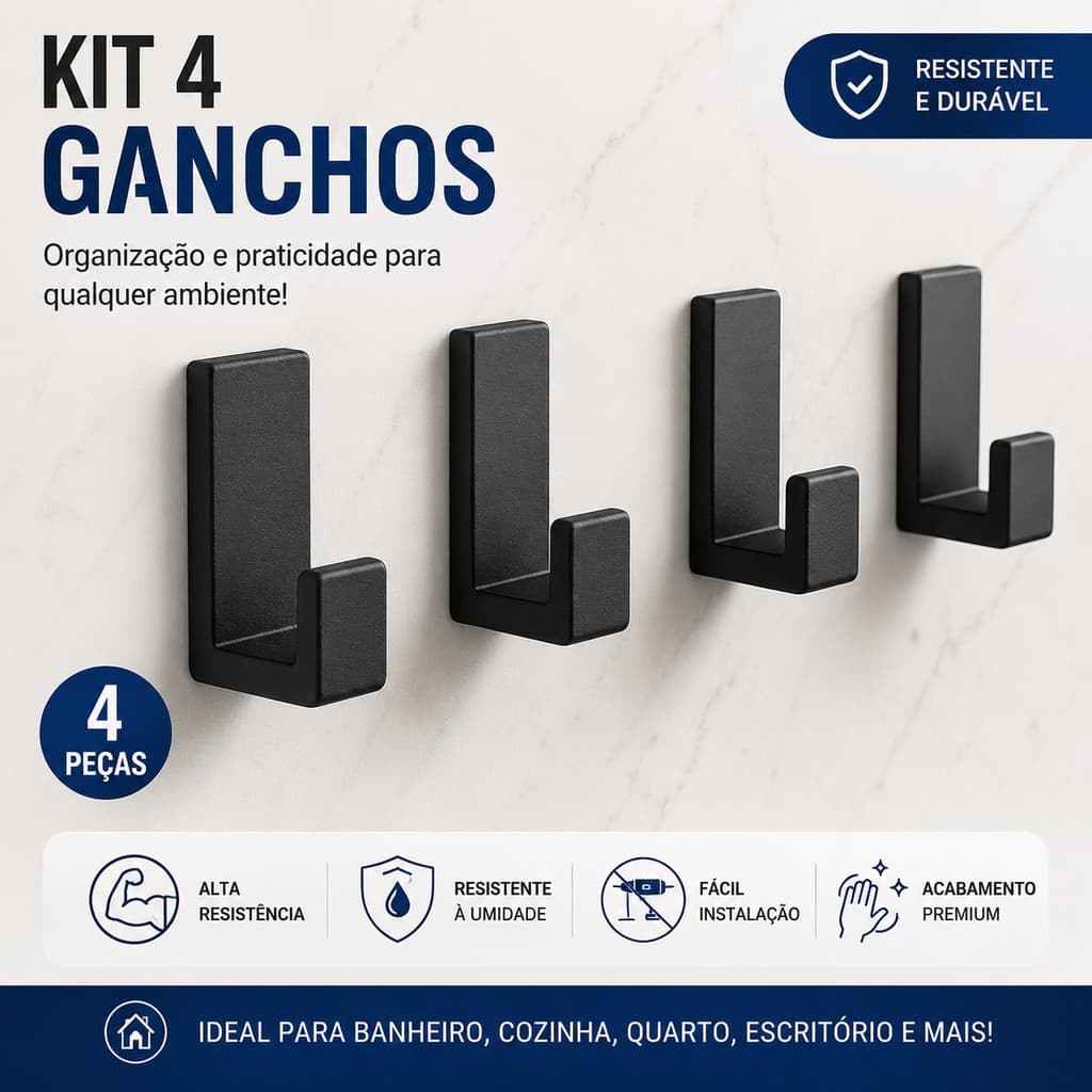 Kit 4 Ganchos Adesivos Parede Preto Sem Furo Multiuso Banheiro Cozinha Quarto Suporte Toalha Cabide Resistente