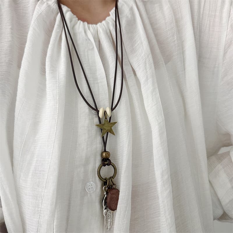 Retro angustiado Metal placa redonda pingente Multi-camada colar boêmio longo camisola corrente estilo étnico médio anti