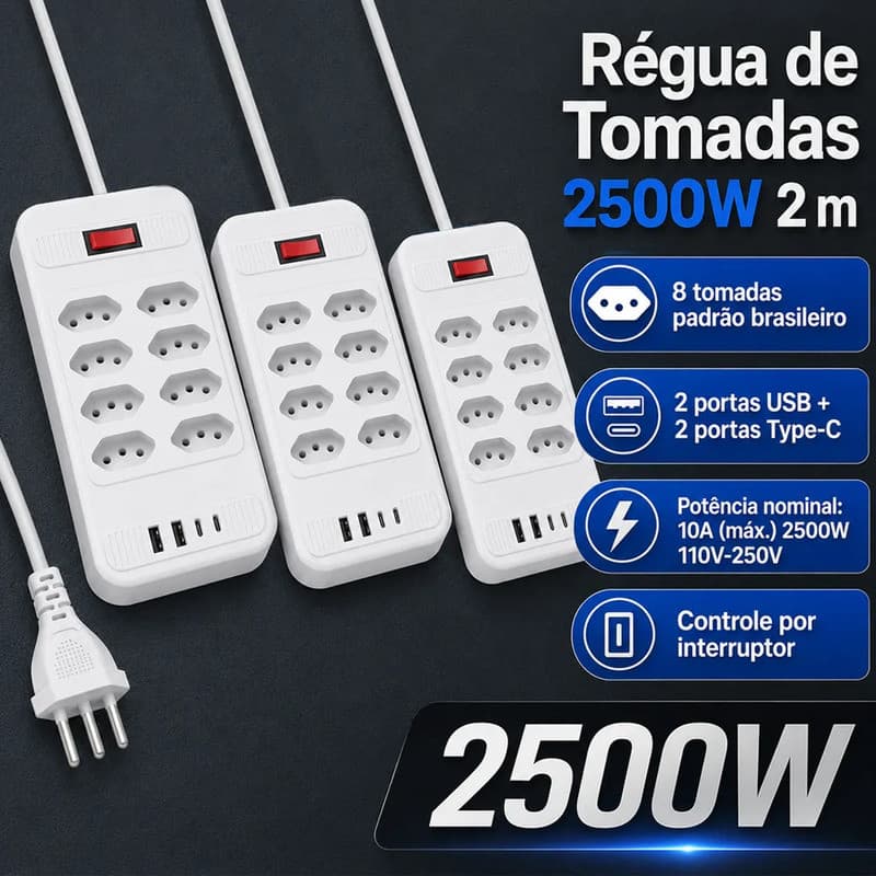 estensor tomada inteligente Extensão Tomada Régua Energia 2500W 8 Tomadas 2m 2 Usb + 2 USB-C