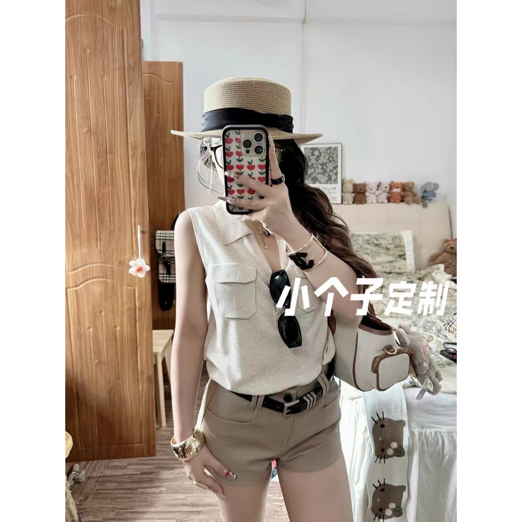 Pequeno usar um conjunto completo feminino gola polo malhas colete feminino exterior wear elegante topo cáqui Super Shor
