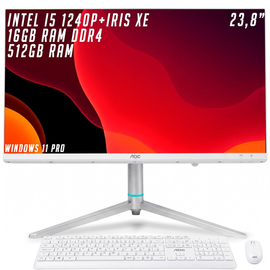 All In One AOC PC I5-1240P+Iris Xe 16GB RAM DDR4 SSD 512GB Tela 23,8 Polegadas 1080p Full HD C/ Teclado+Mouse