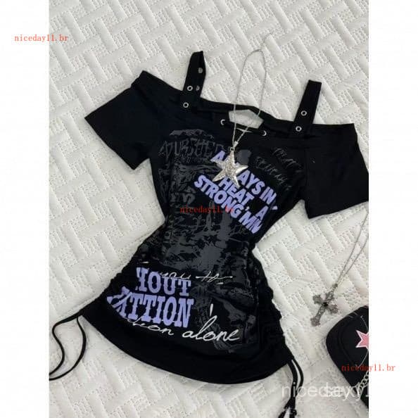 Camiseta feminina estilo Y2K, estampa que afina a cintura, estilo punk, com cordão de ajuste plissado NO2T SCLE