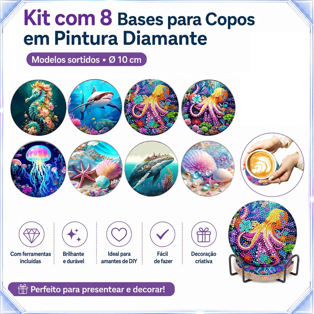 8 bases para copos com desenhos em diamante, animais marinhos, com ferramentas, diâmetro de 10cm, para trabalhos manuais