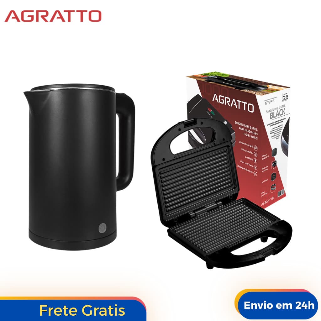 Kit Chaleira + Sanduicheira Preta Agratto Grill Moderna Antiaderente Aroma 127v 220v Presente Casa