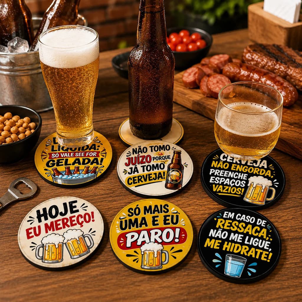 Kit 6 Porta Copos Cerveja Chopp Redondo 9cm Divertido Mdf 1a Coleção Decoração Criativa