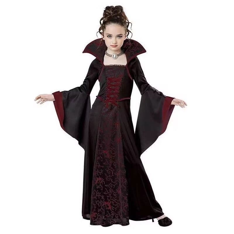 Fantasia infantil de Halloween, fantasia de bruxa Medieval retrô com cadarço, gola alta, manga larga, saia longa estampa