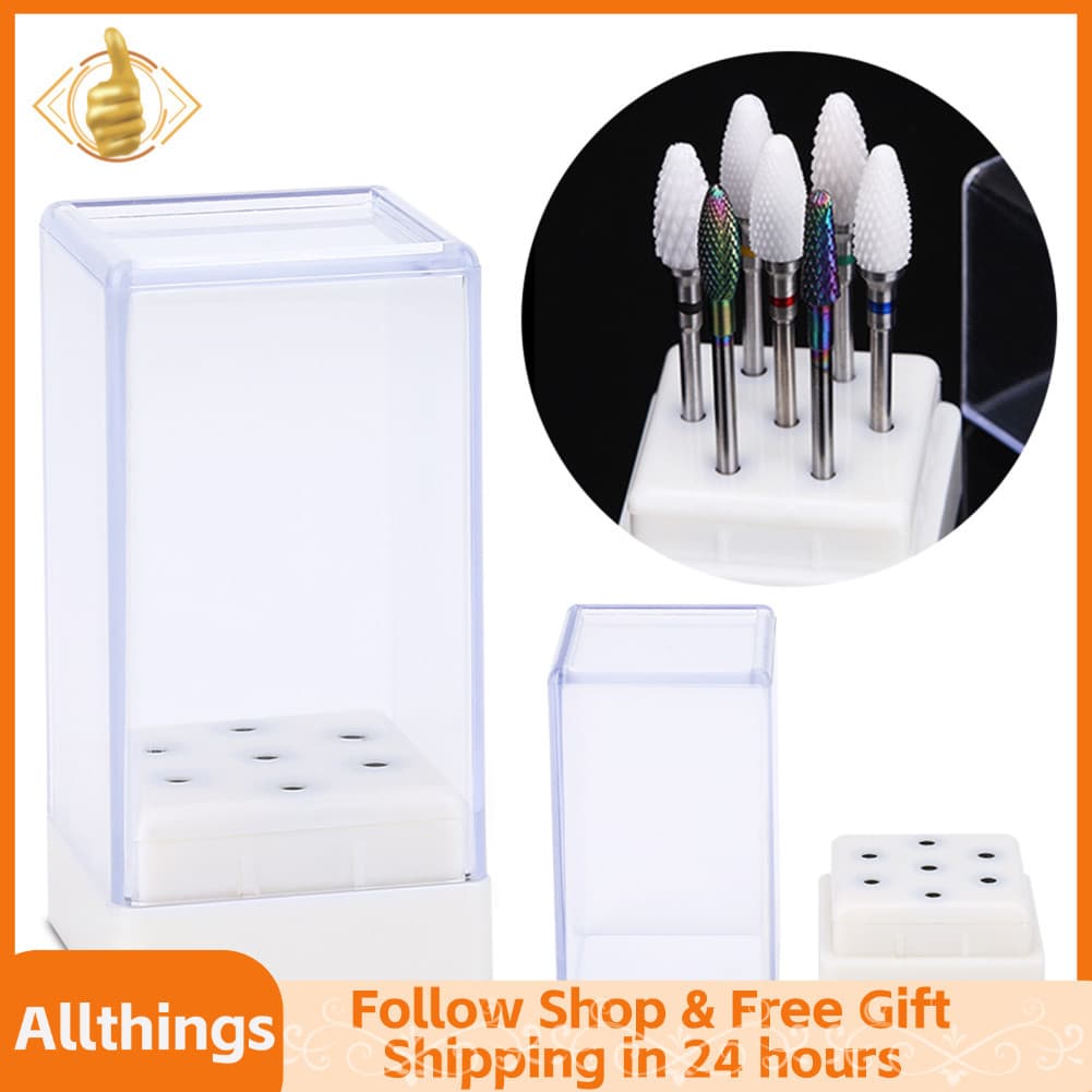 Allthingss-br 7 furos prego brocas titular caixa transparente manicure ferramenta acessórios organizador recipiente
