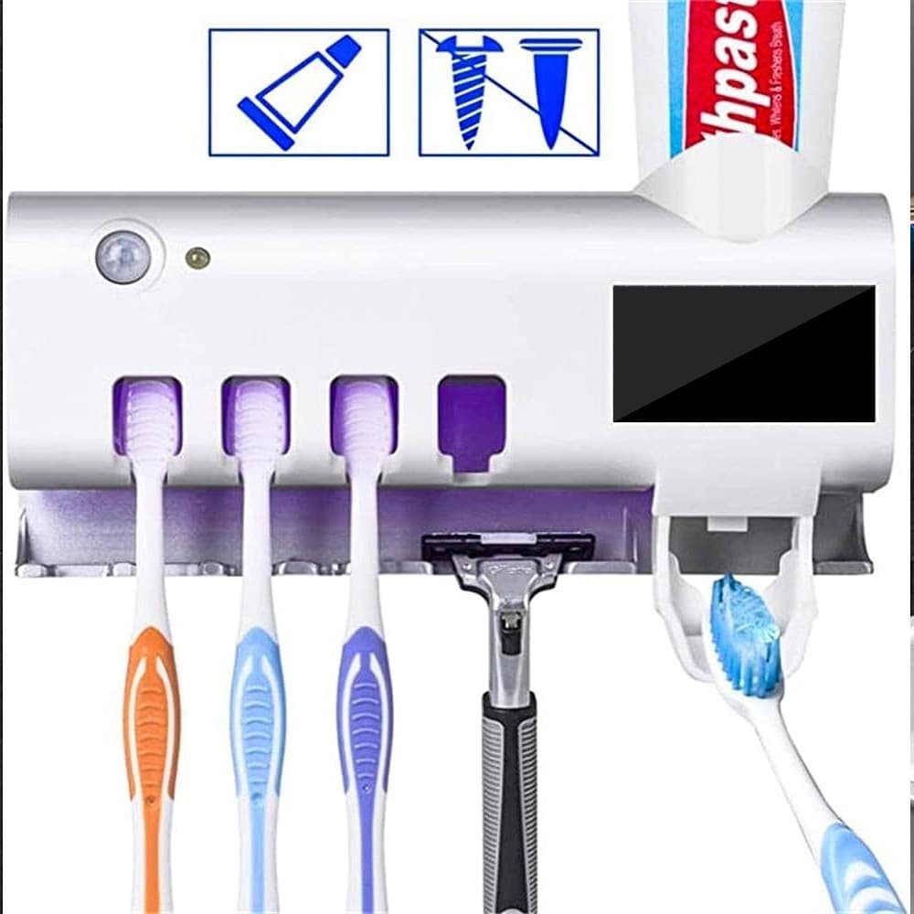 Dispenser de Pasta de Dente com Esterilizador UV e Porta Escovas