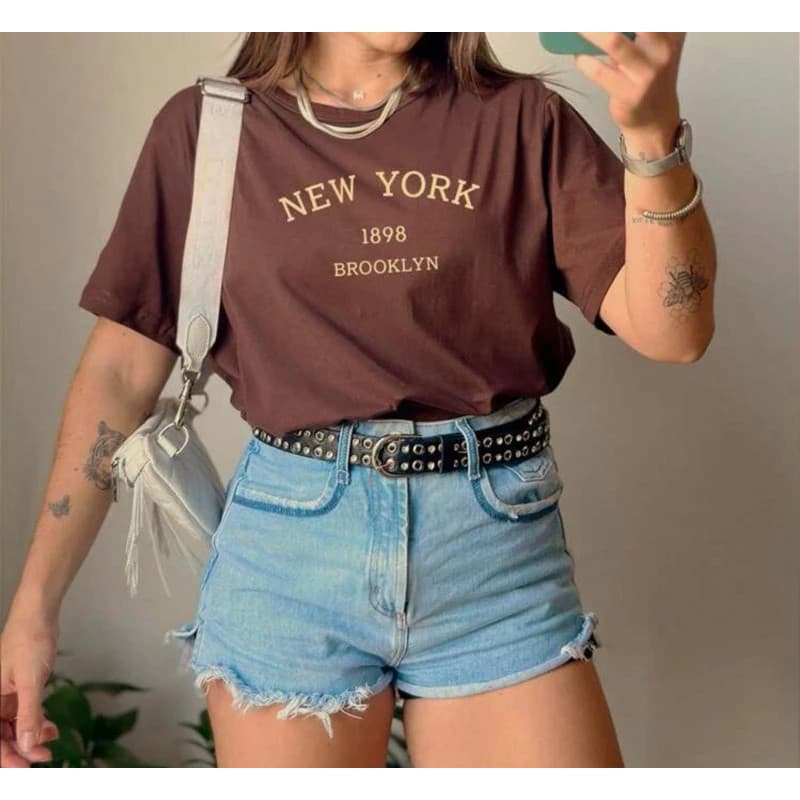 T-Shirt Feminina Blusinha Casual Camiseta Básica Camisa Moda New York 100% Algodao Premium