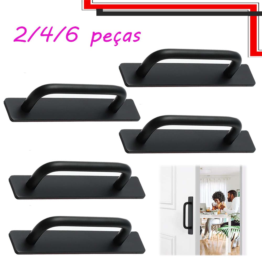 Pacote com 2/4/6 puxadores adesivos para armário puxador de gaveta autoaderente sem furadeira, puxador de vidro, Preto
