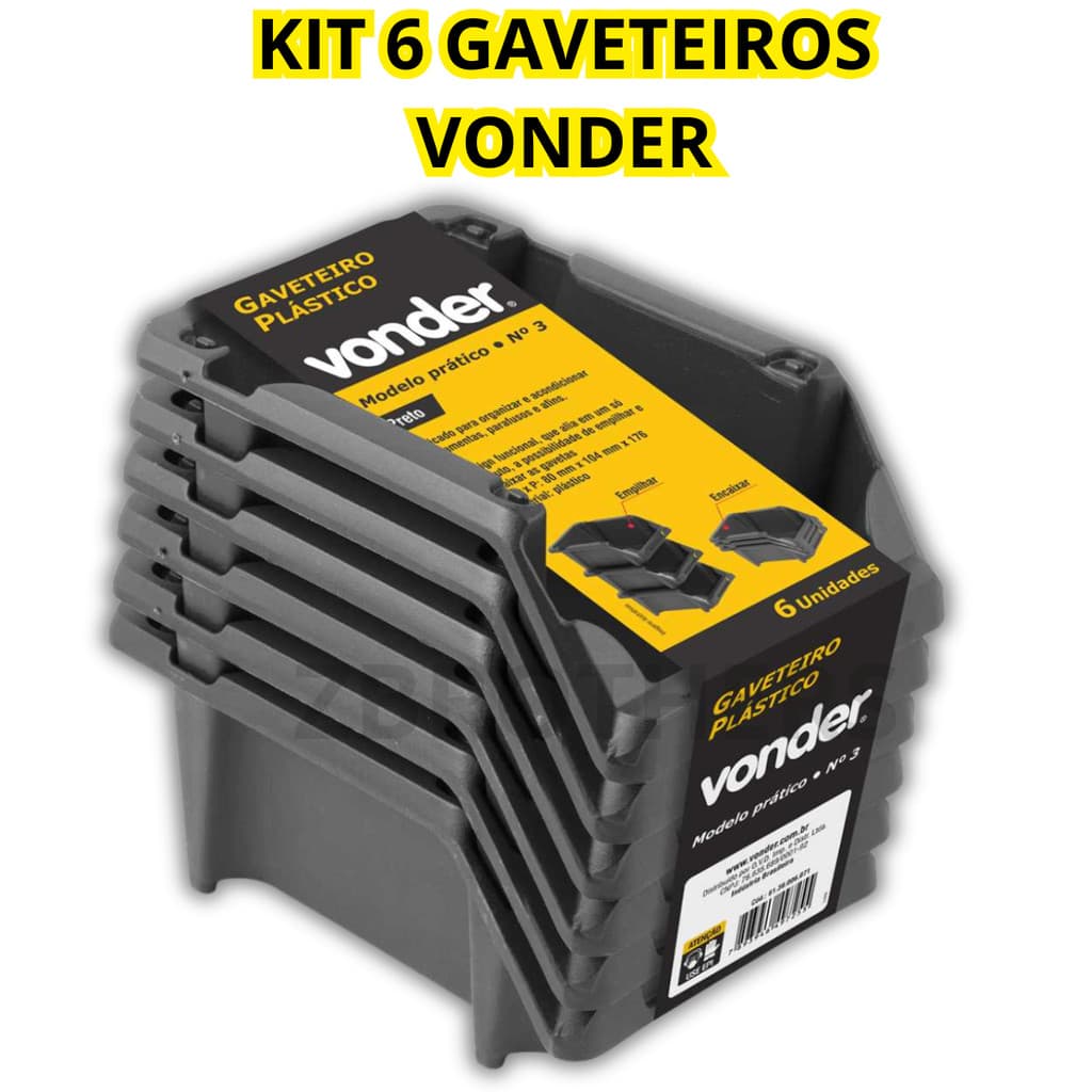 Gaveteiro Plástico Jogo Com 6 Peça Modelo Prático nº 3 Preto Vonder