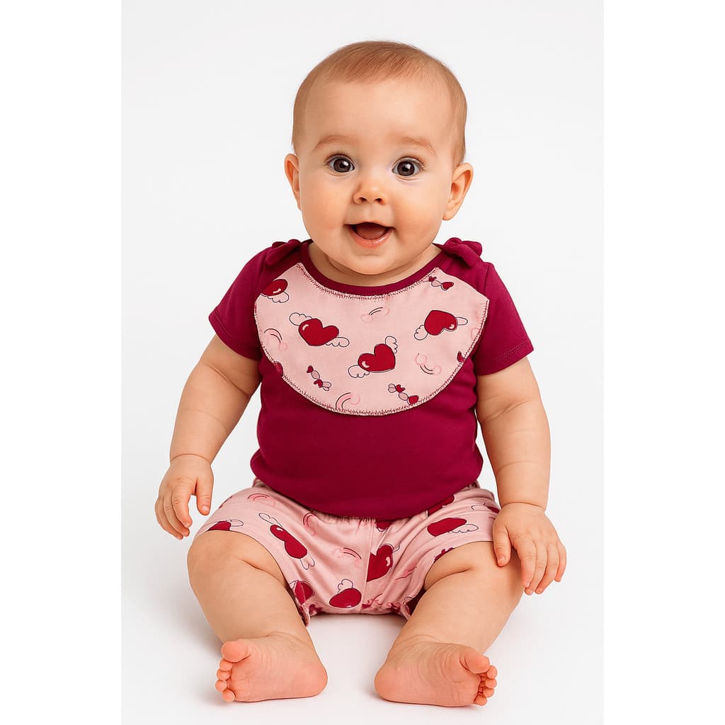Conjunto Infantil 3 Peças Bebê Menina – Body com Shorts + Babador Estampado