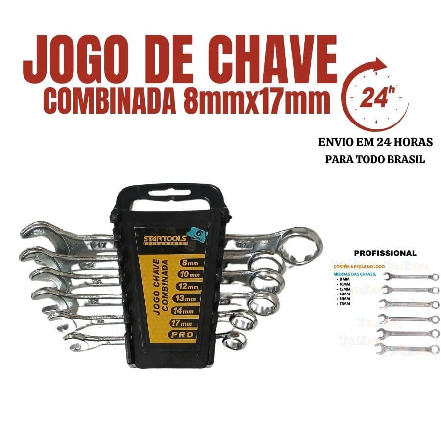 Jogo Chave Combinada 6 Peças 8 a 17mm Aço Carbono Alta Resistência Ferramenta Profissional