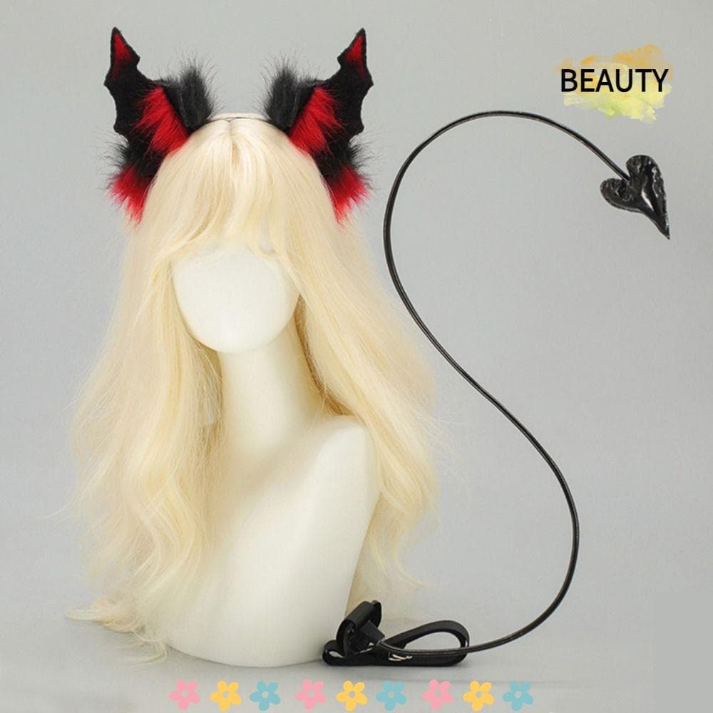 BEAUTYHOMEBR Adereço De Cauda De Demônio , Faixa De Cabeça Com Chifres De Coração Preto , Festa De Fantasia De Cosplay G