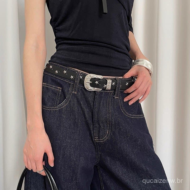 Cintos De Estrela De Liga Y2k Vintage Para Mulheres Personalidade Cinto De Couro Preto Jeans Acessórios De Uso