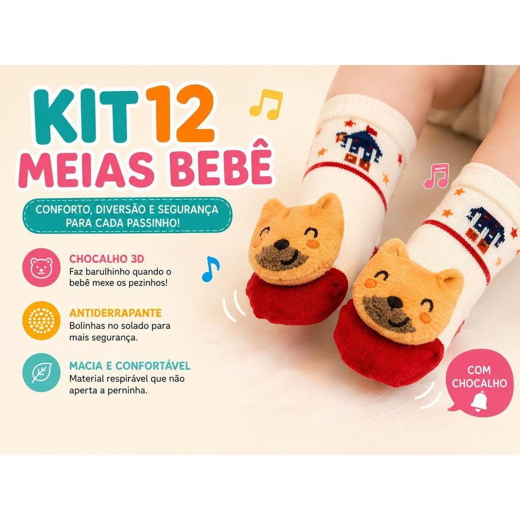 Kit 9, 6 ou 3 Pares de Meias para Bebê Menino ou Menina com Chocalho e Pelúcia Antiderrapante Macia e Confortável 0-24 M
