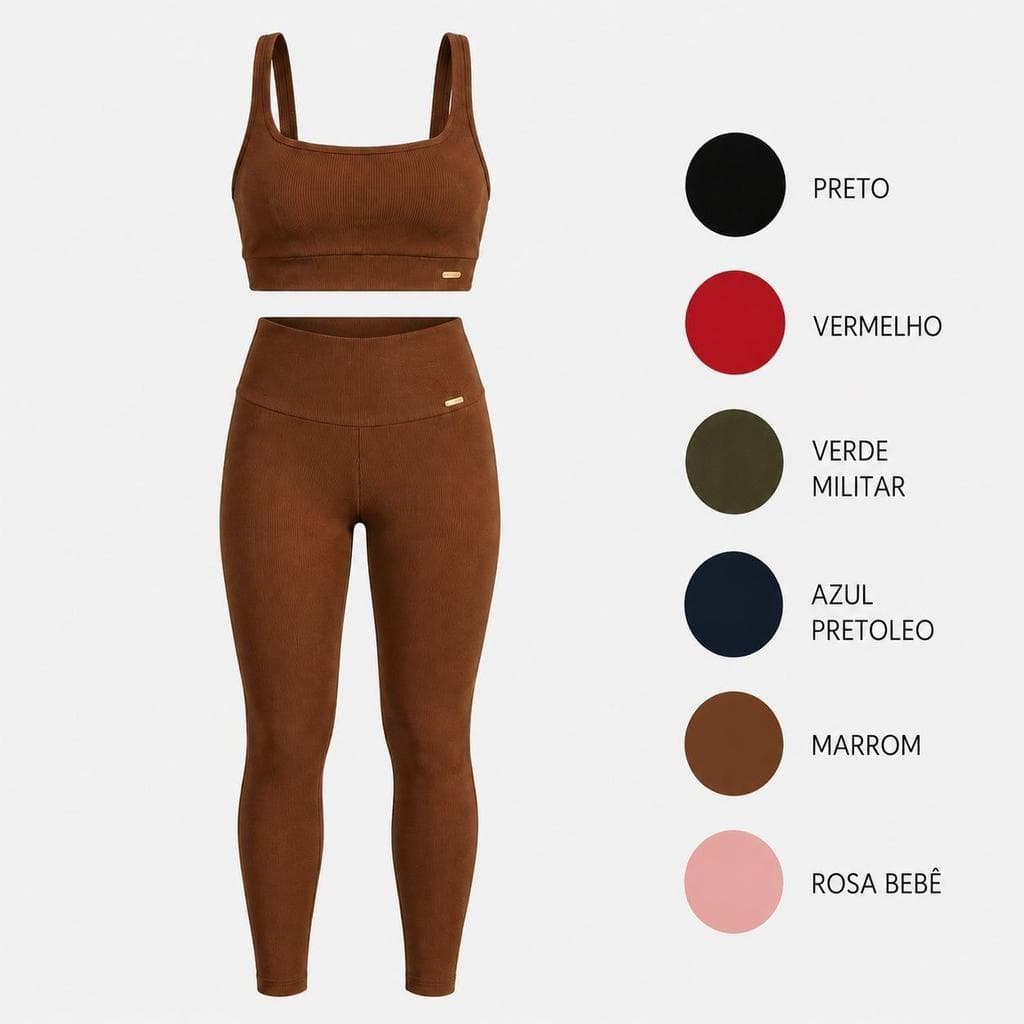 Conjunto Fitness Feminino Top Legging Wonder Canelado Academia Cintura Alta