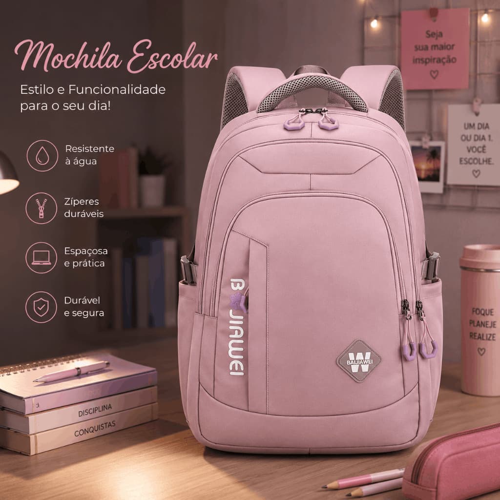 Mochila Escolar Impermeável Grande Capacidade Reforçada Faculdade Trabalho Viagem Rosa Premium
