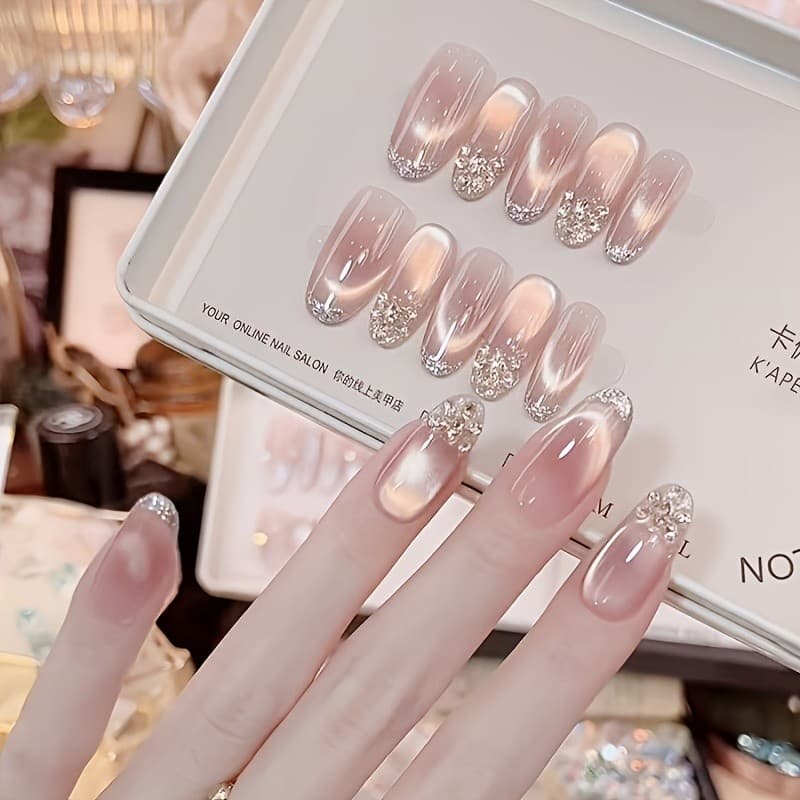 10 peças de remendos de Manicure gradiente rosa Nude - incrustados com decoração de pérolas de strass estilo longo Oval,