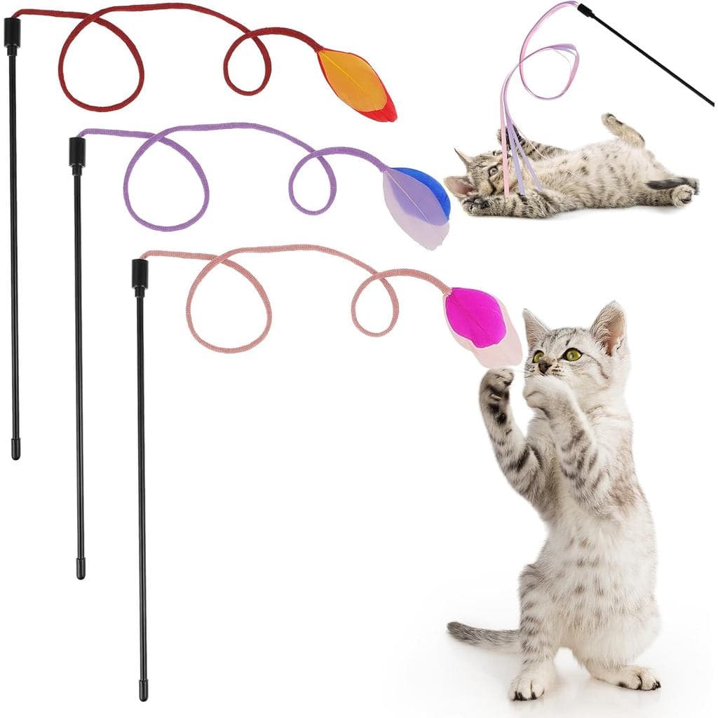 simarro 3 Peças de Varinhas de Penas para Gatos, Brinquedo Interativo para Gatos Adultos de Interior, Varinhas Coloridas