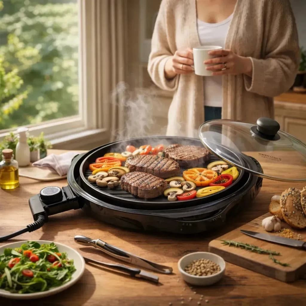 Grill Elétrico Redondo Premium Startools Com Termostato E Tampa Preta 1200w - 220v Preto