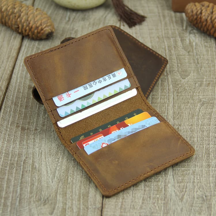 Porta-cartões pequeno feito à mão, slot para seis cartões, bolsa de moedas de couro completo, couro de cavalo louco, pri
