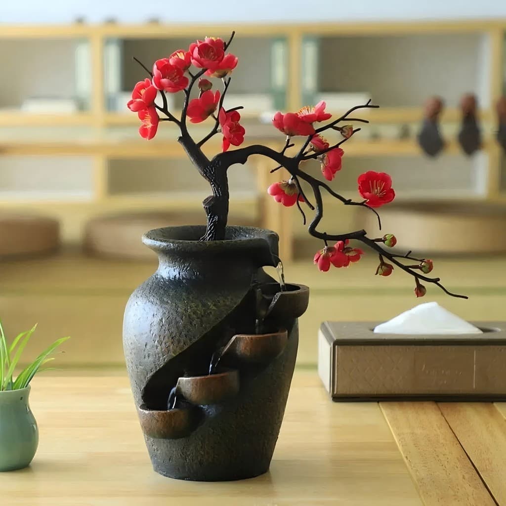 Fonte Cascata em Vaso Cerâmico com Flor de Amêndoa Decoração Cascata de Água Relaxante para Mesa e Jardim Interior