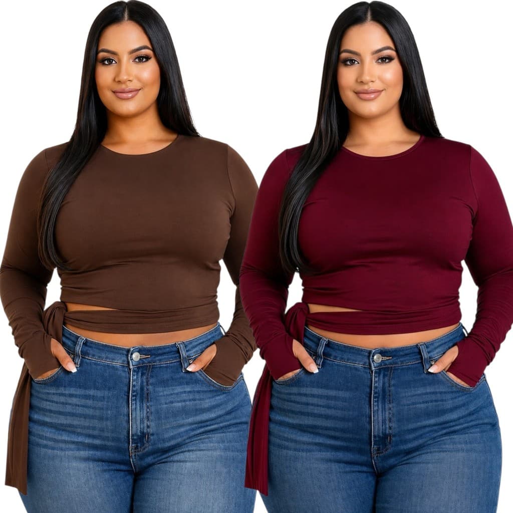 Kit 2 Croppeds Plus Size Suplex Manga Longa com Detalhe Lateral e Modelagem Ajustada