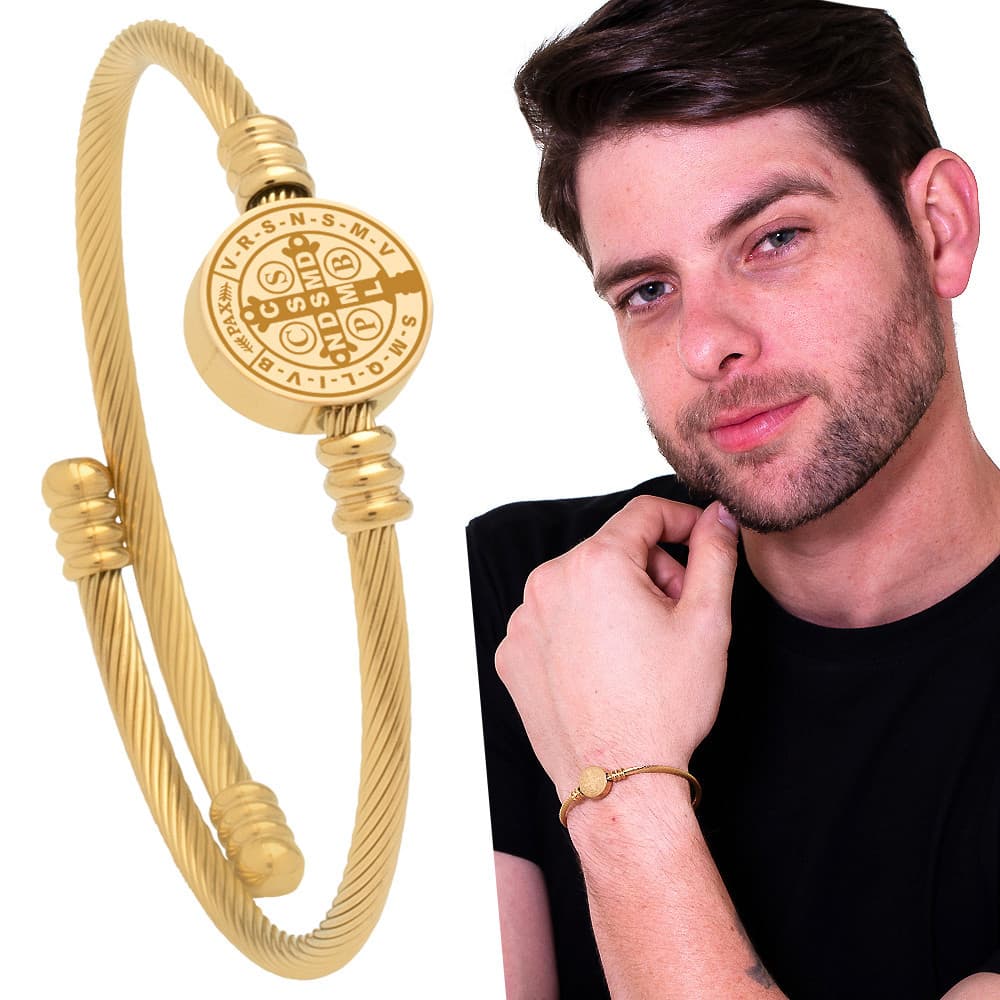 Pulseira Bracelete Aço Inox São Bento J-1544 Prata Dourado OGRIFE