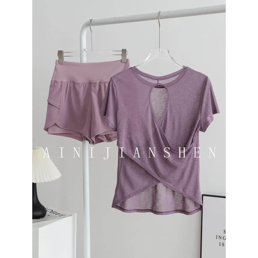 Oco roupas de Yoga feminino terno de Fitness topos Pilates manga curta respirável blusa esportiva bolso correndo Shorts
