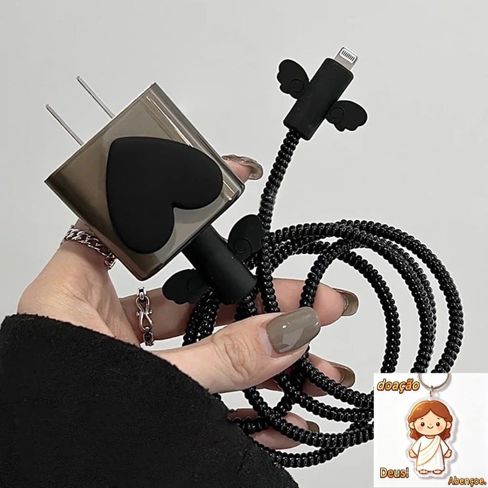 Cabeça De Carregamento Proteger Caso Capa + Cabo + Enrolladores De Silicone Padrão Do Amor Coração Telefone Cahrger Para