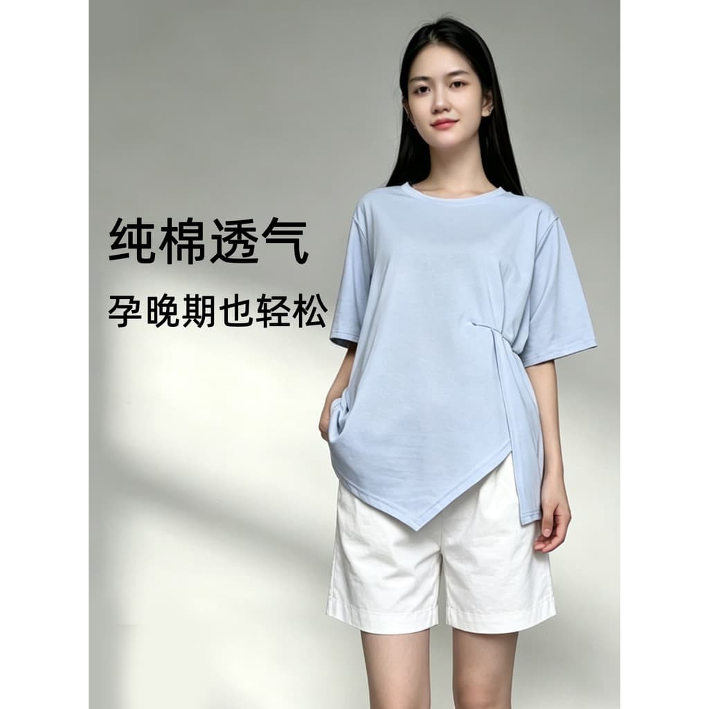 Algodão puro mulheres grávidas solto camiseta moda bainha Irregular luz azul branco verão de manga curta topo gravidez t
