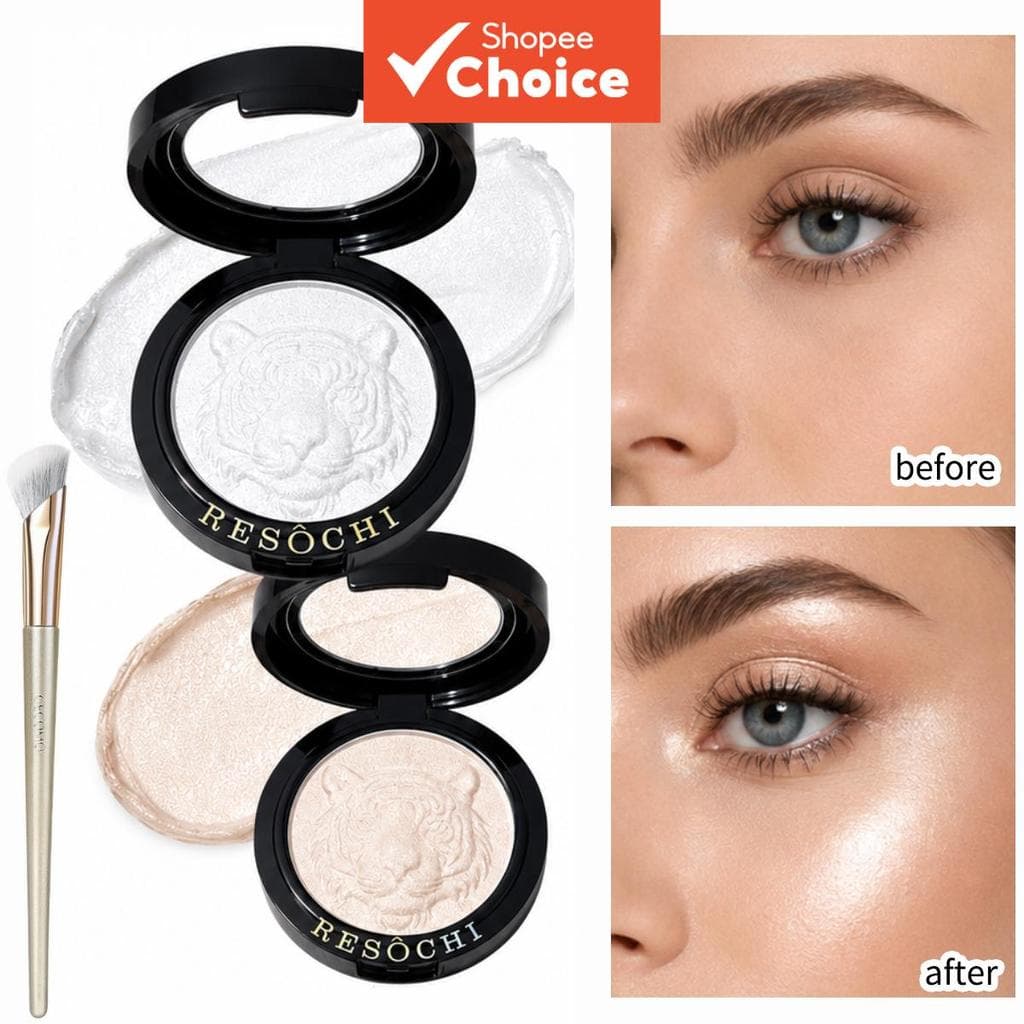 RESOCHI Pó Iluminador Dourado 9 g Kit com 2 unidades + Pincel iluminador de brinde, brilho fino, realce diário para