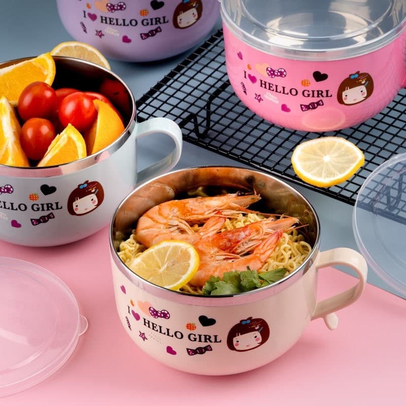 Tigela de macarrão instantâneo de aço inoxidável com tampa, lancheira feminina para estudantes, conjunto de talheres, do