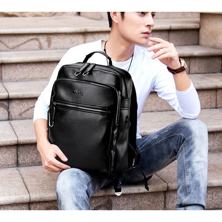 Moda na moda mochila masculina versão coreana saco de computador de negócios estação europeia couro genuíno mochila de v