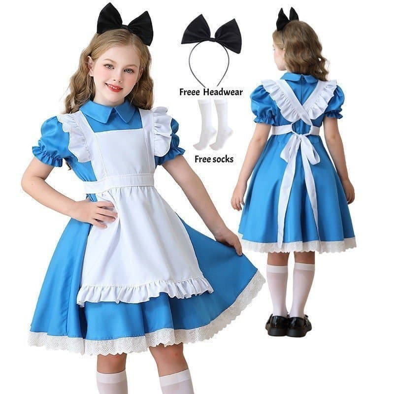 Fantasia Infantil Azul da Alice no País das Maravilhas para Halloween, Vestido de Empregada Lolita para Festa, Cosplay F