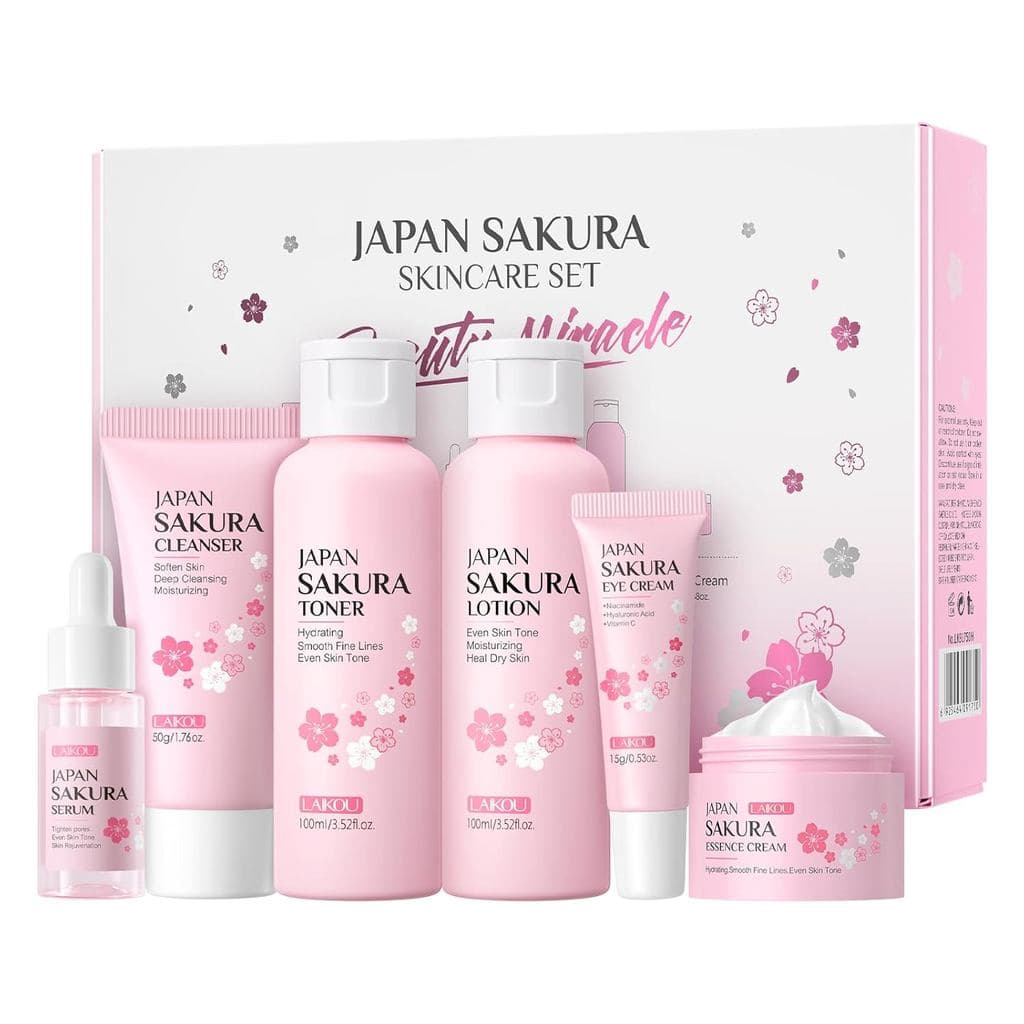 Conjunto de Cuidados com a Pele LAIKOU JAPAN SAKURA, Kit de Beleza para Mulheres com Limpador, Tônico, Loção, Sérum, Cre