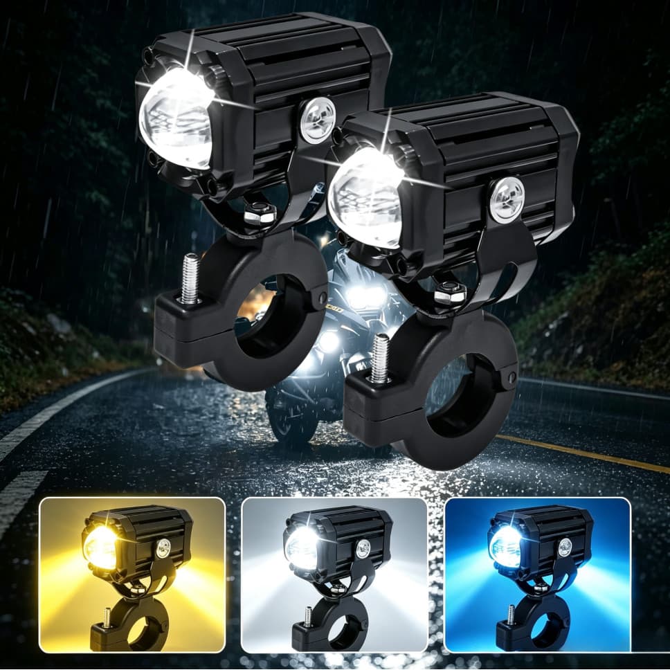 Farol Auxiliar LED Moto Par 3 Cores Spot de Milha Neblina Branco Âmbar Azul Gelo Universal IP67 12V 24V