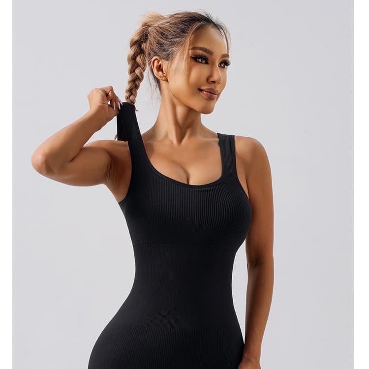 Macacão esportivo sem costura, elástico e canelado, estilo europeu e americano, para fitness e yoga.