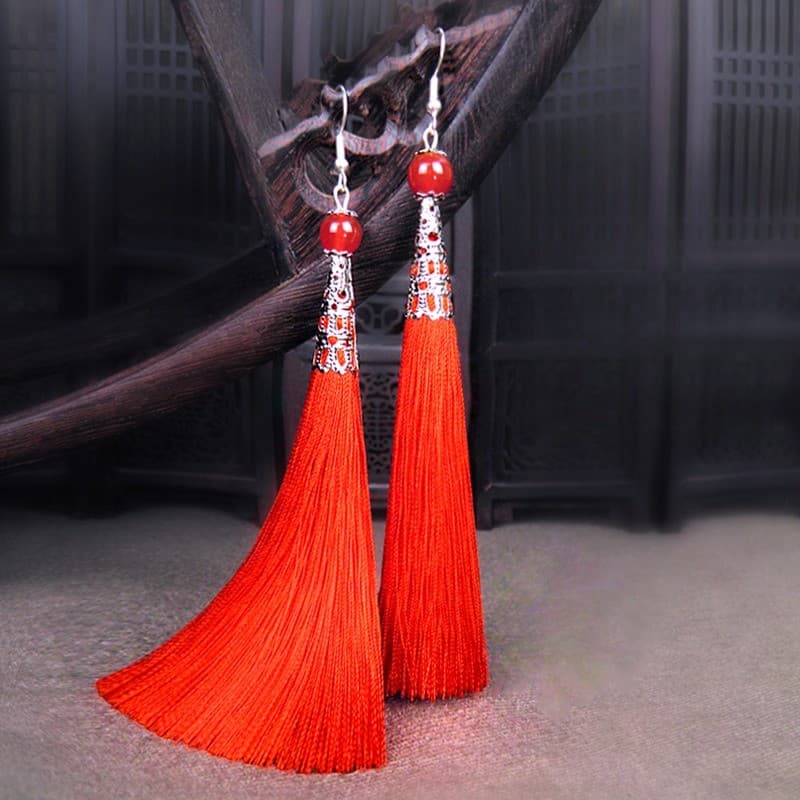 Brincos longos de borla retrô estilo étnico Original com brincos Cheongsam brincos de fantasia antiga sem clipes de orel