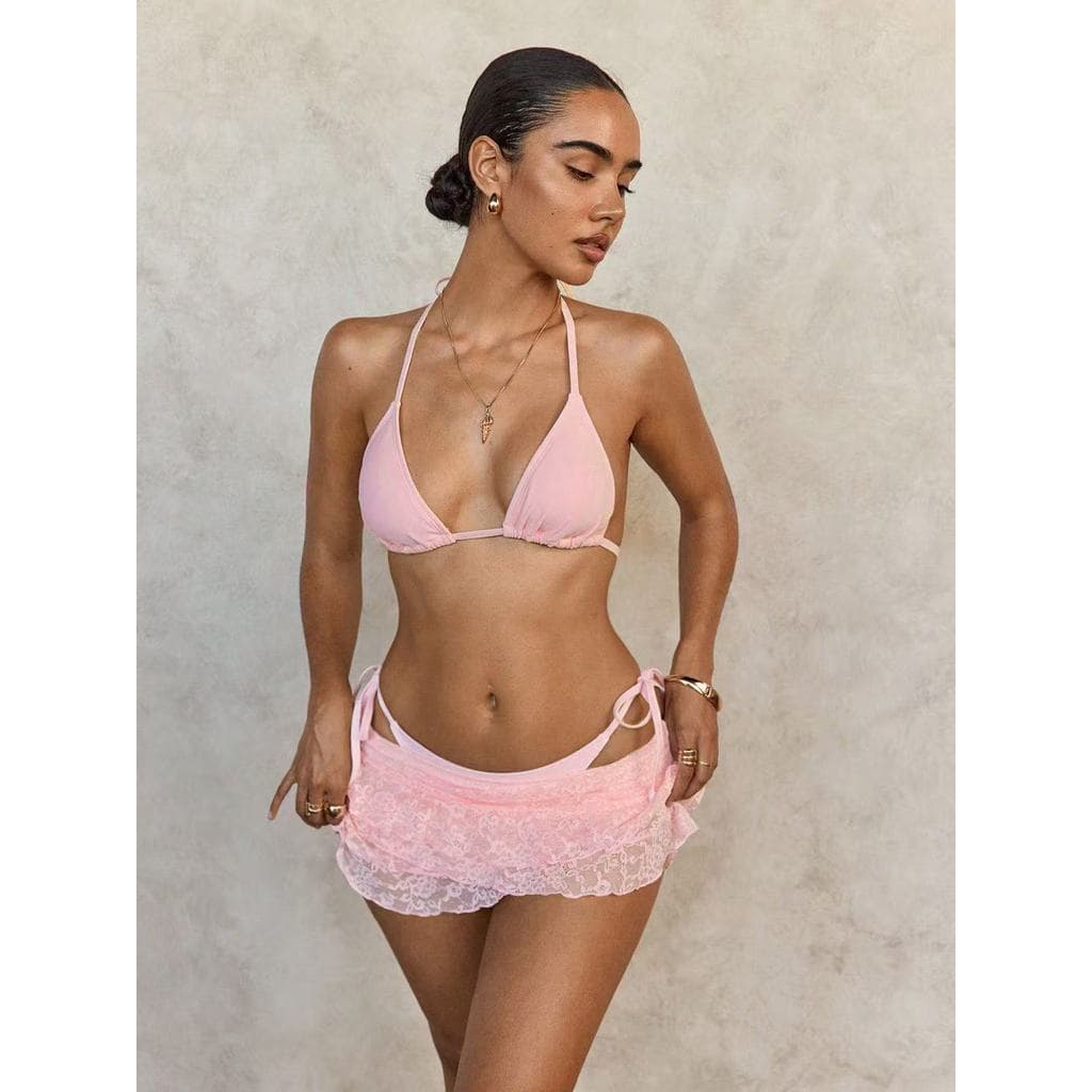 Saia de renda e gaze, saída de praia, biquíni de três peças com alças halter