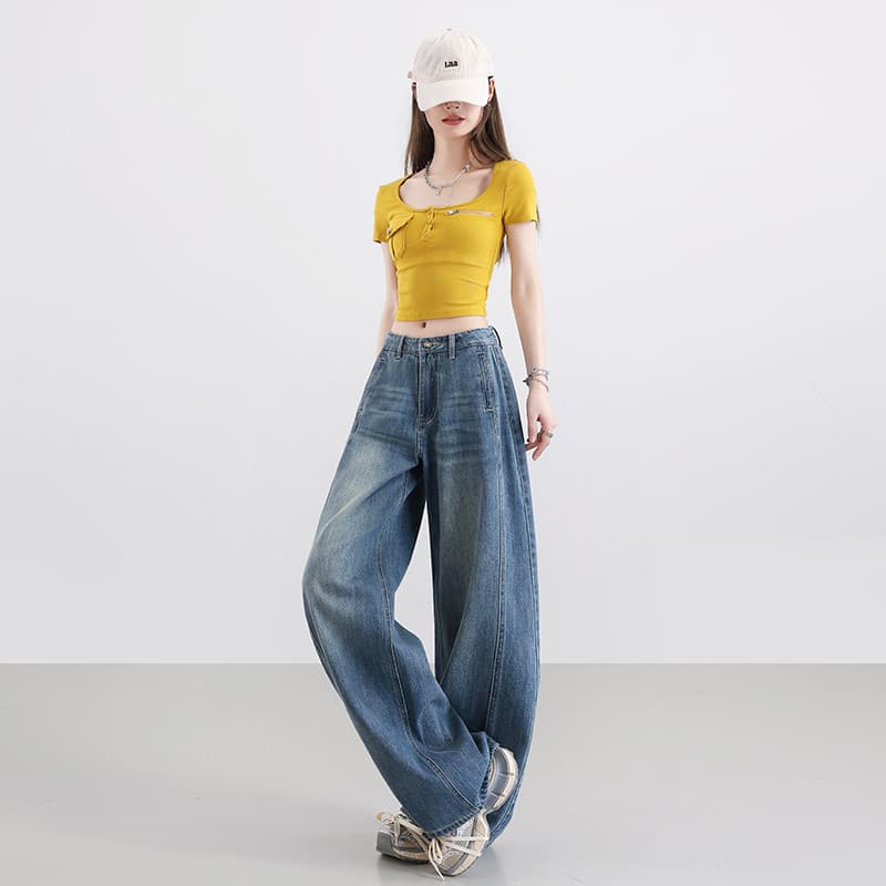 Primavera verão novo estilo Denim feminino americano Retro calças mais magro olhar confortável meninas quentes Drape chã