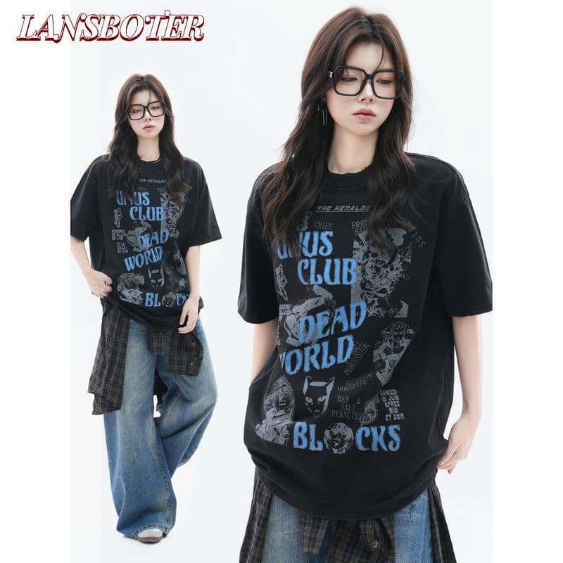 Camiseta Masculina E Feminina Retrô De Rua Com Estampa De Letras graffiti De Alta Qualidade