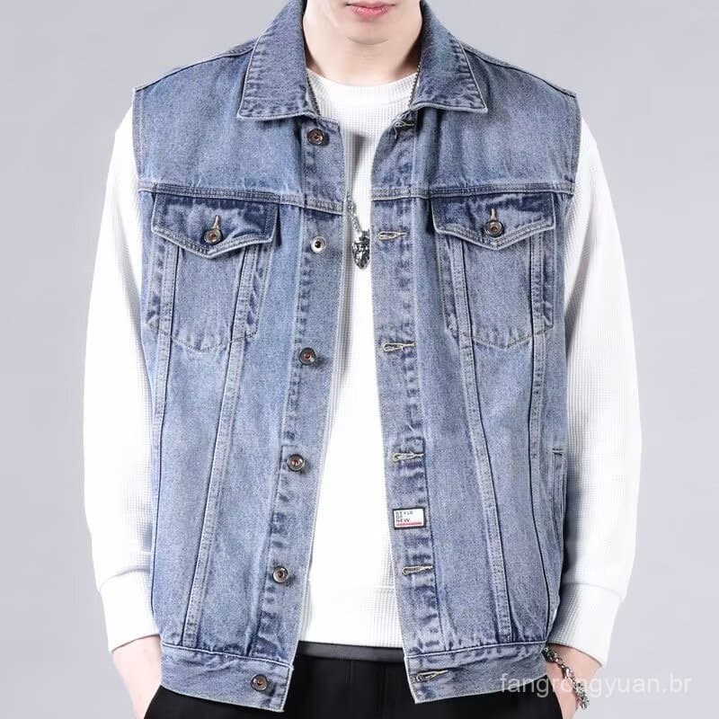 Jaqueta jeans masculina, estilo novo para outono e inverno, colete sem mangas versátil, colete com múltiplos bolsos, est