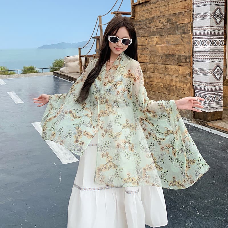 Primavera verão novo estilo Bali fio impresso cachecol senhoras viagem foto decoração camélia gaze cachecol dupla utiliz