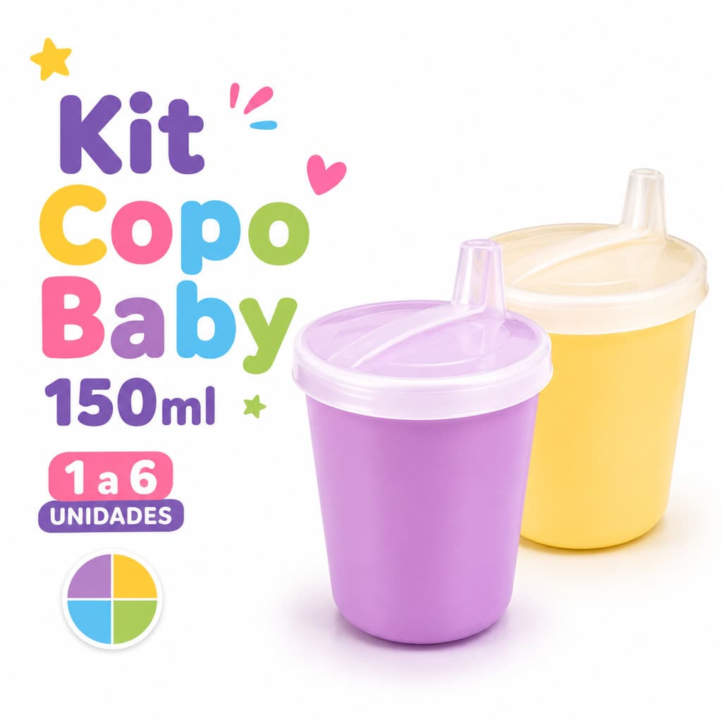 Combo 6 Copo Baby Infantil 150ml Tampa Bico Plástico Reforçado Água Suco Colorido Escola Creche Lancheira
