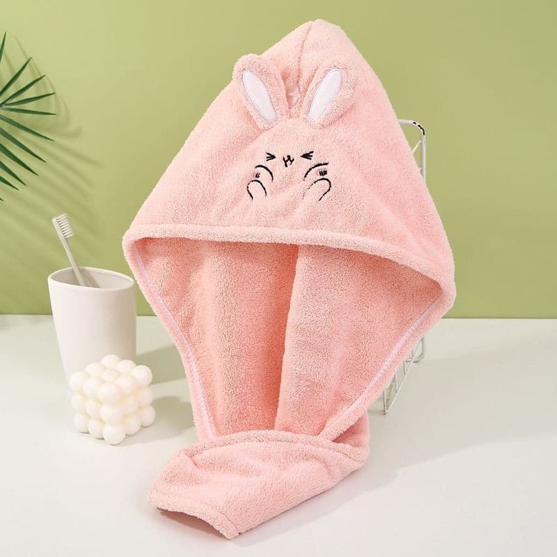 Touca de Banho em Fleece Coral, Super Absorvente, Sem Queda de Fios, Espessa, Não Resseca, Touca para Cabelo, Coelhinho