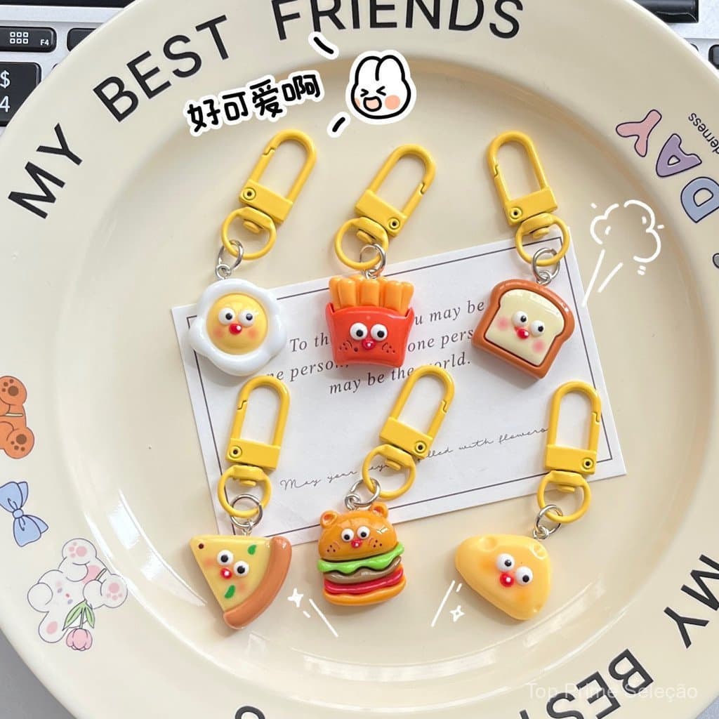 Chaveiro de Simulação de Comida com Expressão de Desenho Animado Fofo, Pingente Divertido de Queijo, Ovo Escalfado, Torr