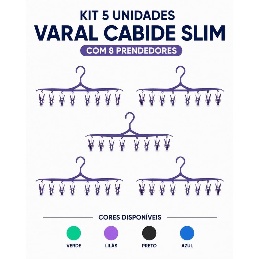 Kit 5 Varal Cabide Slim AmpePlast com 8 Prendedores para Roupas Íntimas Meias e Roupas de Bebê